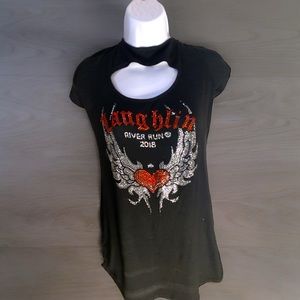 2018 Laughlin River Run women’s Size2XL Blk/Orange Rhinestone Biker Shirt.